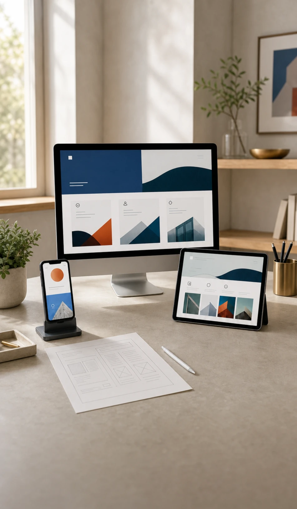 Custom website and app interfaces displayed across desktop, tablet, and mobile screens in a bright design workspace
