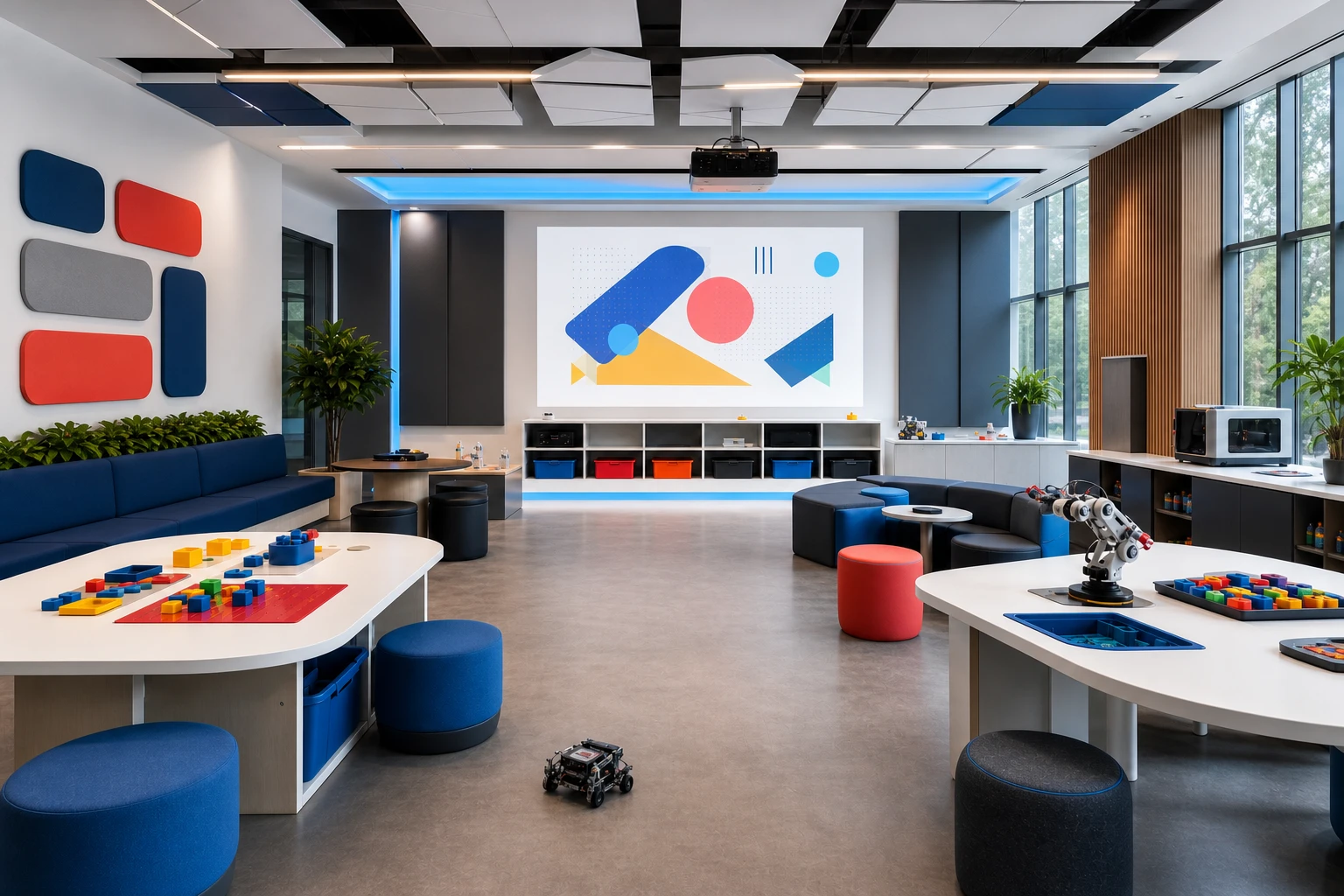 Modern education suite studio with robotics, tactile learning tools, and interactive projection
