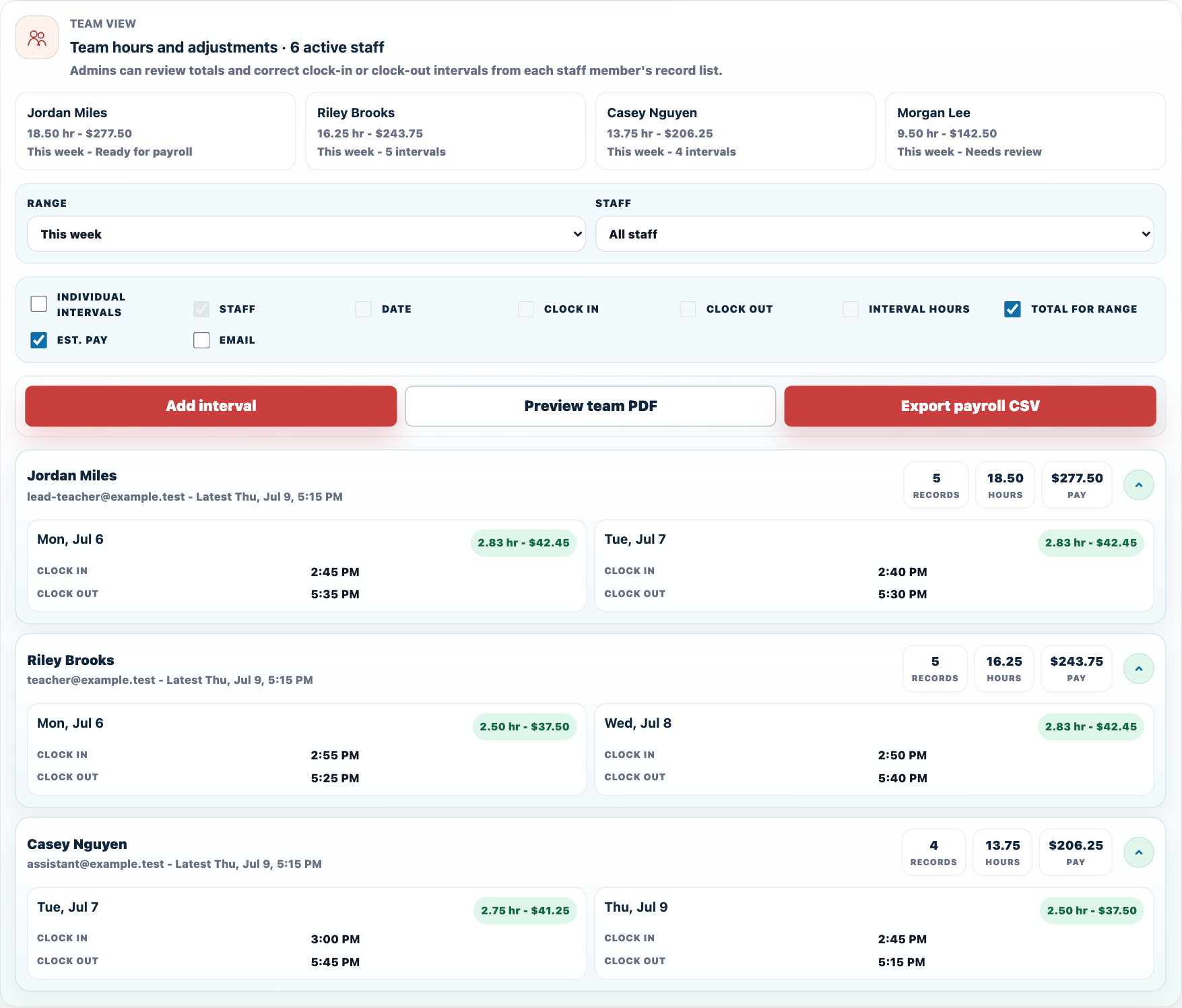 Afternoon Adventure Team Hours workspace with sample staff totals, intervals, estimated pay, and payroll tools
