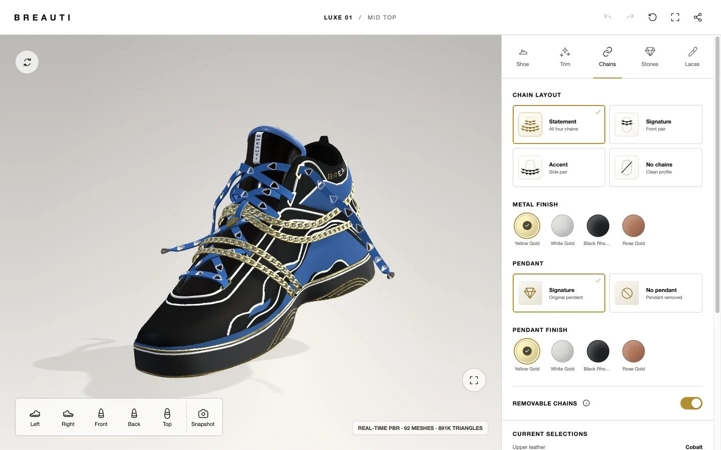 Breauti Style Customizer showing the interactive sneaker and its chain controls