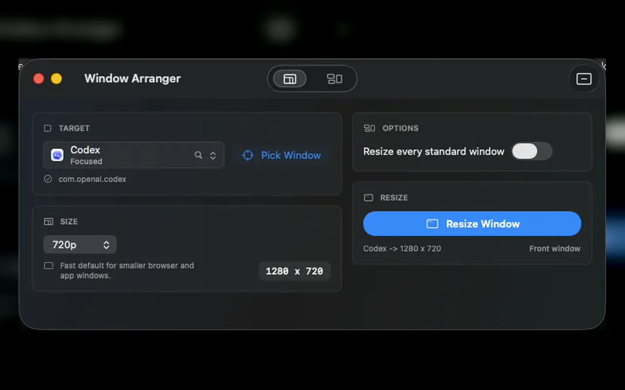 Mac Window Arranger resize workflow for a selected application
